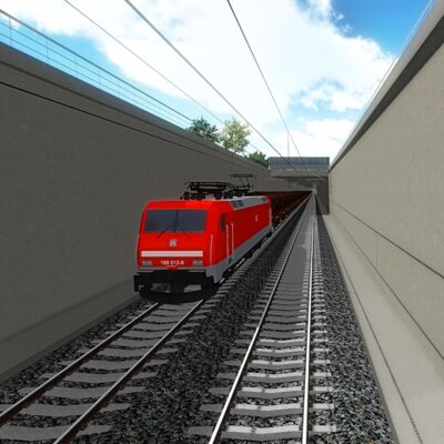 Virtuelle Darstellung eines Zuges, der aus einem Tunnel fährt.