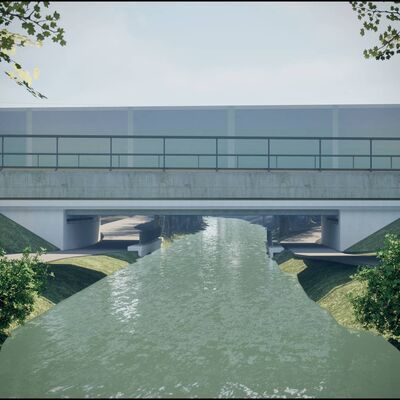 Eine Visualisierung der zukünftigen Eisenbahnbrücke über den Neumagen.