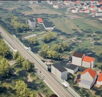 Eine Visualisierung des künftigen Haltepunkts Freiburg-St. Georgen: Mittig liegen die zwei Gleise der Rheintalbahn, rechts und links stehen Schallschutzwände und die Bahnsteige.