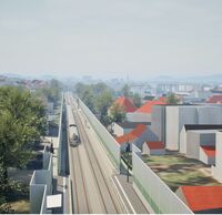 Eine Visualisierung der zukünftigen Situation am Haltepunkt Freiburg-Zähringen: Zwei Gleise verlaufen mittig im Bild, rechts und links stehen Bahnsteige und Schallschutzwände.