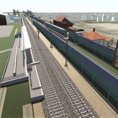 Visualisierung des Bahnhofs Kenzingen mit Gleisen, Bahnsteigen und Häusern