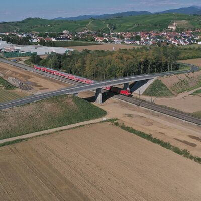 Eine fertige Straßenüberführung mit Waldstück im Hintergrund.