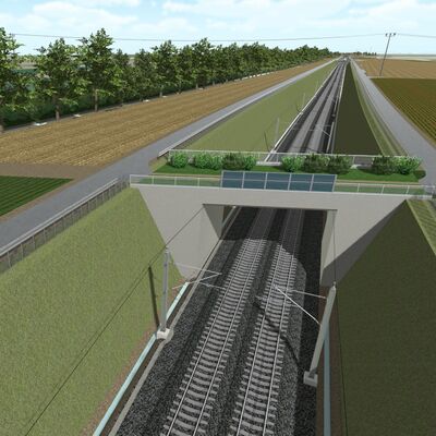 Eine Faunabrücke überquert eine tiefliegende Eisenbahntrasse.
