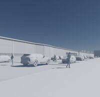 Visualisierung eines Parkplatzes mit Autos und Menschen, dahinter eine Schallschutzwand