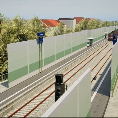 Eine Visualisierung der zukünftigen Situation am Haltepunkt Herdern: Links im Bild führt die barrierefreie Rampe auf der Seite der Stefan-Meier-Straße hoch zu den Bahnsteigen. Mittig im Bild fährt ein Zug auf den zwei Gleisen der Rheintalbahn.