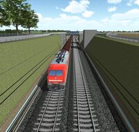 Darstellung von tiefliegenden Gleisen auf denen ein Zug fährt.
