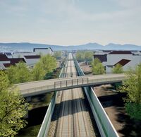 Visualisierung von einer Brücke über zwei Gleise mit Lärmschutzwänden, daneben Häuser