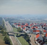 Eine Visualisierung der künftigen Situation am Abzweig der Güterstrecke Freiburg: Die Güterstrecke zweigt nach rechts aus dem Bild ab, die Gleise der Rheintalbahn laufen weiter geradeaus.
