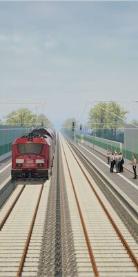 Visualisierung mit Lärmschutzwänden rechts und links, in der Mitte Gleise, ein Zug und Menschen, die an Bahnsteigen warten