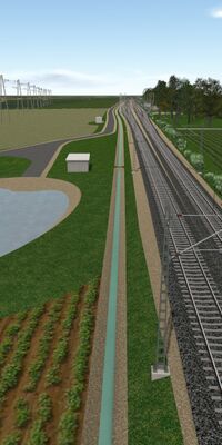 Ausgebaute Rheintalbahn mit neu angelegtem Versickerungsbecken. (Visualisierung: Deutsche Bahn AG)