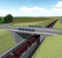 Eine virtuelle Darstellung einer Bahnüberführung, unter der ein Zug durchfährt.