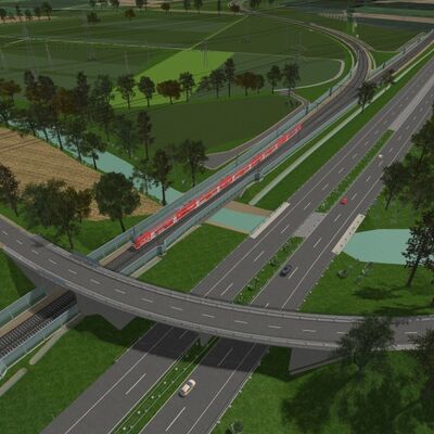Die Gemeindeverbindungsstraße Kenzingen-Riegel wird erneuert. Sie überquert künftig Autobahn und Bahnstrecke. (Visualisierung: Deutsche Bahn AG)