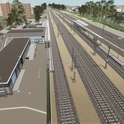 Visualisierung des Bahnhofs Lahr mit Gleisen, Bahnsteigen, Parkplatz und Häusern