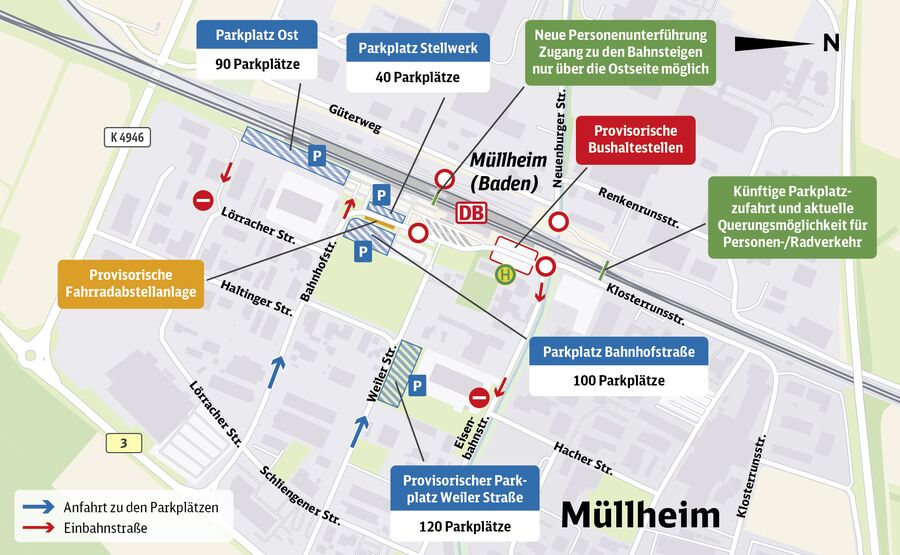 Karte von Müllheim mit eingezeichneten Parkplätzen, Fahrwegen, provisorischer Bushaltestelle und Fahrradabstellanlage