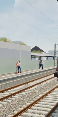 Visualisierung Fokus Bahnhof Emmendingen mit Gleisen und Zug, links Bahnsteig und Lärmschutzwand und Menschen, rechts Bahnsteig mit Überdachung und Menschen