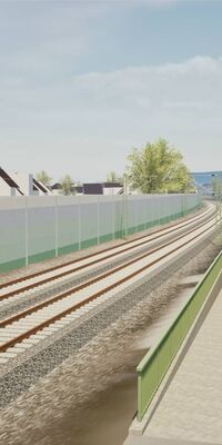 Visualisierung Gleise, links Lärmschutzwand, rechts Bahnsteig mit Geländer