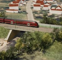 Eine Eisenbahnstrecke mit zwei Gleisen. Darauf fährt ein Zug. Im Hintergrund ist der Ort Offnadingen dargestellt.