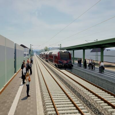 Visualisierung vom Bahnhof Emmendingen mit Gleisen und Zug, links Bahnsteig und Lärmschutzwand und Menschen, rechts Bahnsteig mit Überdachung und Menschen