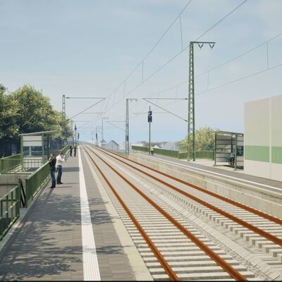Eine Visualisierung der zukünftigen Situation am Haltepunkt Freiburg-St. George: Mittig im Bild liegen die zwei Gleise der Rheintalbahn, rechts und links flankiert von den Bahnsteigen.