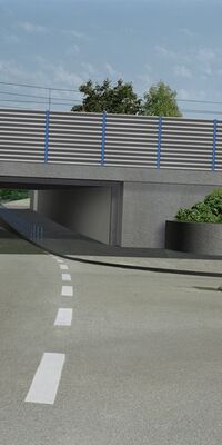 Virtuelle Darstellung einer Eisenbahnüberführung mit Schallschutzwänden.