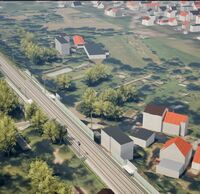 Eine Visualisierung des künftigen Haltepunkts Freiburg-St. Georgen: Mittig liegen die zwei Gleise der Rheintalbahn, rechts und links stehen Schallschutzwände und die Bahnsteige.