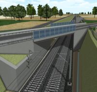 Virtuelle Darstellung eines Kreuzungsbauwerkes über eine zweigleisige Bahntrasse.