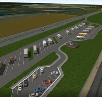 Der Neubaustrecke müssen mehrere Parkplätze in Autobahnnähe weichen. Als Ersatz schafft die Bahn nördlich der L105 einen neuen Park- und Rastplatz. (Visualisierung: Deutsche Bahn AG)