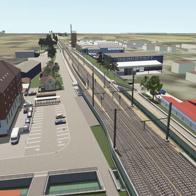 Visualisierung des Bahnhofs Friesenheim mit Gleisen, Bahnsteigen, Parkplatz und Häusern