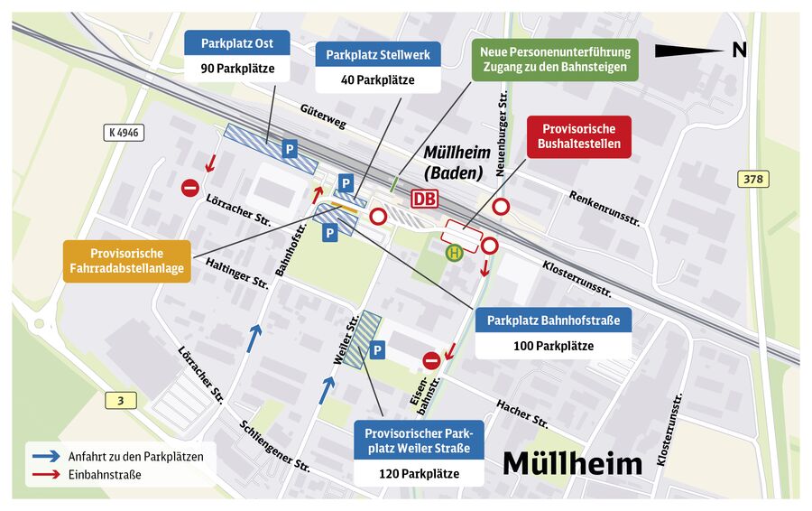 Karte von Müllheim mit eingezeichneten Parkplätzen, Fahrwegen, provisorischer Bushaltestelle und Fahrradabstellanlage