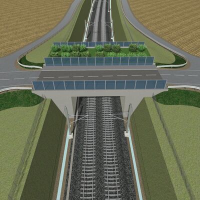 Visualisierung einer begrünten Querungshilfe über die Gleise.