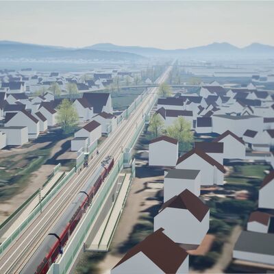 Visualisierung mit Blick von oben, Häuser und Gleise mit Zug