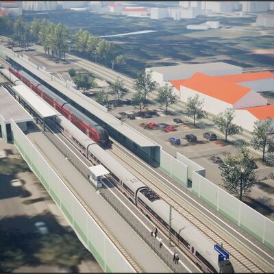 Eine Visualisierung, wie der Bahnhof Bad Krozingen zukünftig aussieht. Der Bahnhof hat neue Bahnsteigdächer und Schallschutzwände.