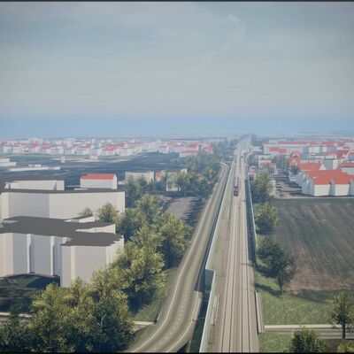 Eine Visualisierung der zukünftigen Rheintalbahn am Ortsausgang von Bad Krozingen, Blickrichtung Norden.