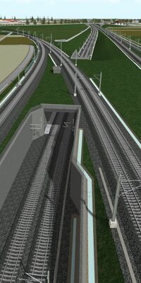 Sieben Bahngleise werden durch Über- und Unterführungen miteinander verbunden.