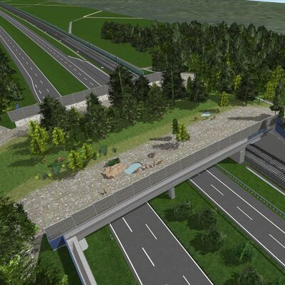 Über eine Autobahn und eine Bahnstrecke führt eine begrünte Wildbrücke.