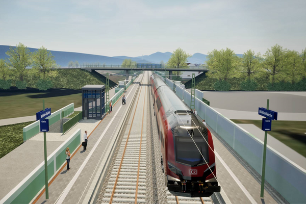 Visualisierung des Haltepunkts Bürkle-Bleiche mit zwei Gleisen und Bahnsteigen an den Seiten, auf dem linken Gleis steht ein Regionalzug