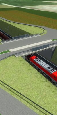 Eine virtuelle Darstellung einer Bahnüberführung, unter der ein Zug durchfährt.