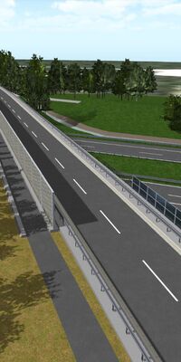 Eine Straße mit Fuß- und Radweg überqueren eine Autobahn und eine Bahnstrecke.
