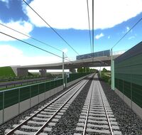 Es sind Gleise zu sehen und im Hintergrund erkennt man eine Autobahnbrücke.