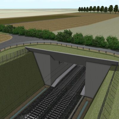 Eine Landschaftsbrücke wird von zwei Gleisen unterführt.