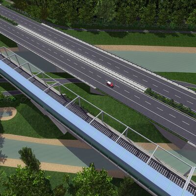 Eine Visualisierung von oben. Die Gleise führen neben der Autobahn.