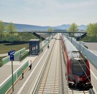 Visualisierung Haltepunkt Bürkle-Bleiche mit Gleisen, Zug und Bahnsteigen, im Hintergrund eine Brücke