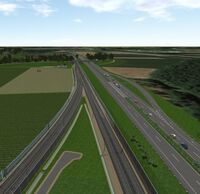 Visualisierung einer abzweigenden Gleisstrecke, die neben einer Autobahn entlang führt.