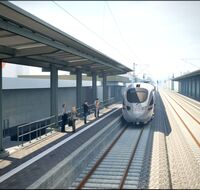 Eine Nahansicht des zukünftigen Bahnhofs Bad Krozingen. Am Bahnsteig fährt ein ICE ein.