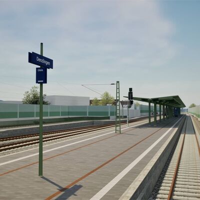Visualisierung Bahnhof Denzlingen mit überdachtem Bahnsteig, Gleisen und Lärmschutzwänden