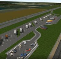 Visualisierung eines Parkplatzes, der zwischen einer Straße und den Gleisen entsteht.