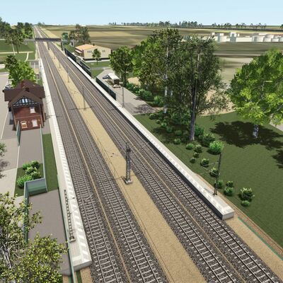 Visualisierung des Haltepunkts Orschweier mit Gleisen, Bahnsteigen, Parkplatz und Häusern