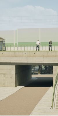 Eine Visualisierung der zukünftigen Situation am Haltepunkt Freiburg-St. Georgen: Vom Zechenweg aus führt rechts eine Treppe und links eine barrierefreie Rampe zu den Bahnsteigen. Der Haltepunkt liegt auf einer Brücke über dem Weg.