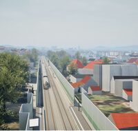 Eine Visualisierung der zukünftigen Situation am Haltepunkt Freiburg-Zähringen: Zwei Gleise verlaufen mittig im Bild, rechts und links stehen Bahnsteige und Schallschutzwände.