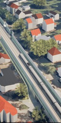 Eine Visualisierung der zukünftigen Situation am Bahnhof Gundelfingen. Mittig im Bild verlaufen die Gleise, rechts und links befinden sich jeweils Bahnsteige, flankiert von Schallschutzwänden. Auf den Gleisen fährt ein Zug.